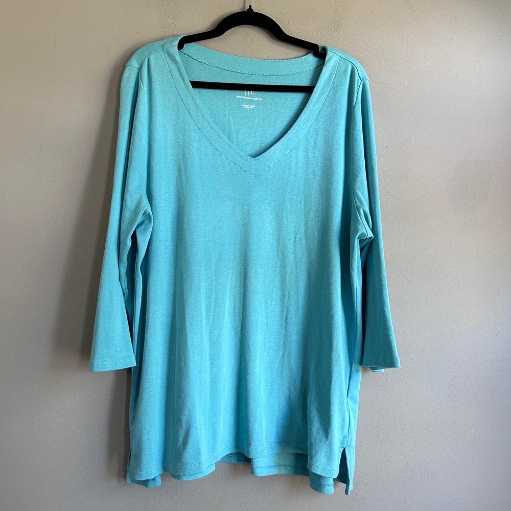 J. Jill Pima 3/4 Sleeve V-Neck Top Turquoise Blue Cotton Tunic Large